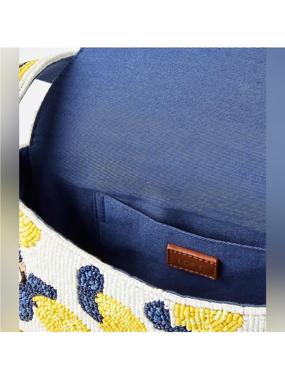 LOFT White Beaded Shoulder Bag with Yellow and Navy Lemon Motif - Picture 2 of 2